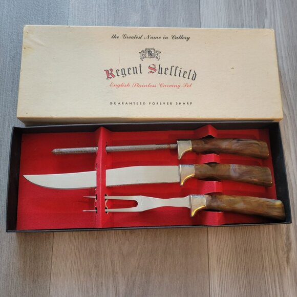 Regent Sheffield English Stainless Carving Set With Horn-Like Handles In Origina - Picture 1 of 6